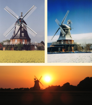 Borgsumer Mühle im Sommer, im Winter und bei Sonnenuntergang